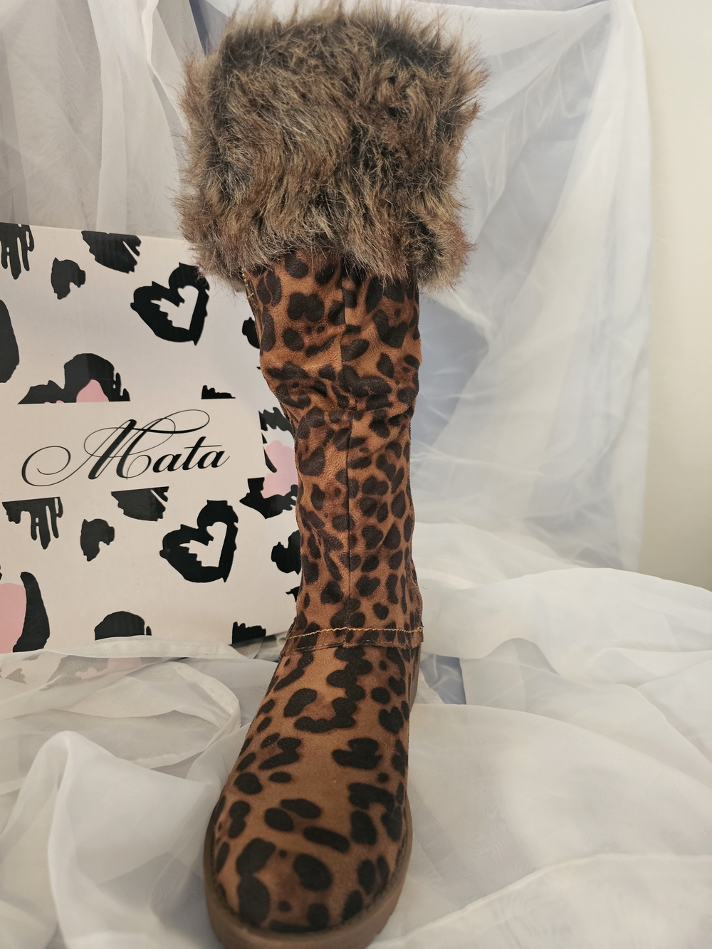 Mata Leopard Print Faux-Fur Trim Heeled Boots - Brown - Picture 3 of 3